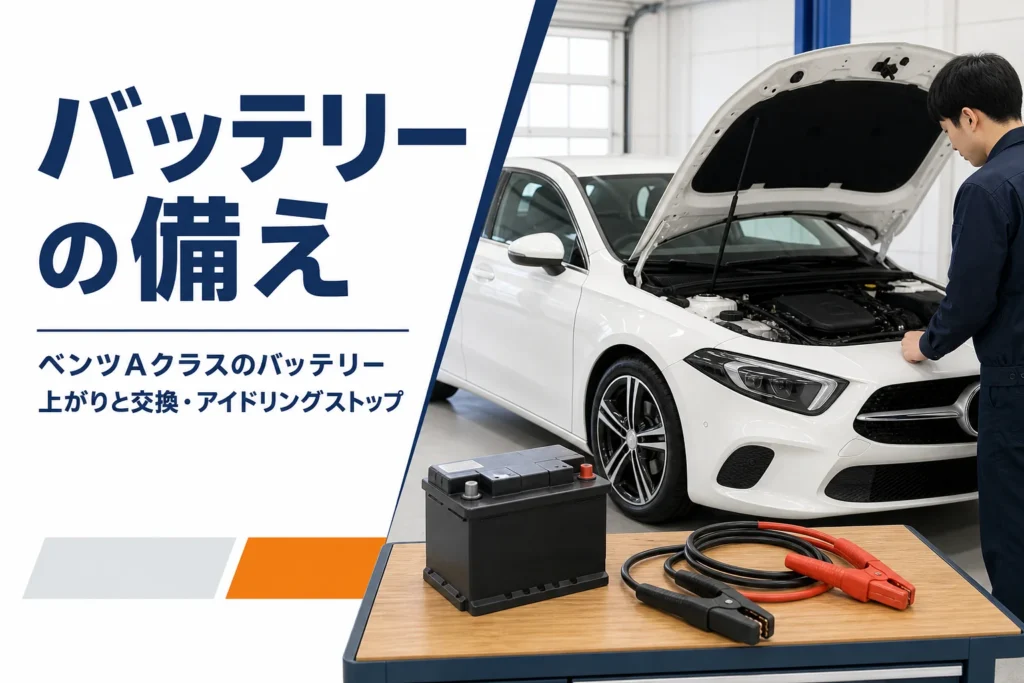 ボンネットを開けたハッチバックと、作業台に置いた新しいバッテリーとジャンプケーブル