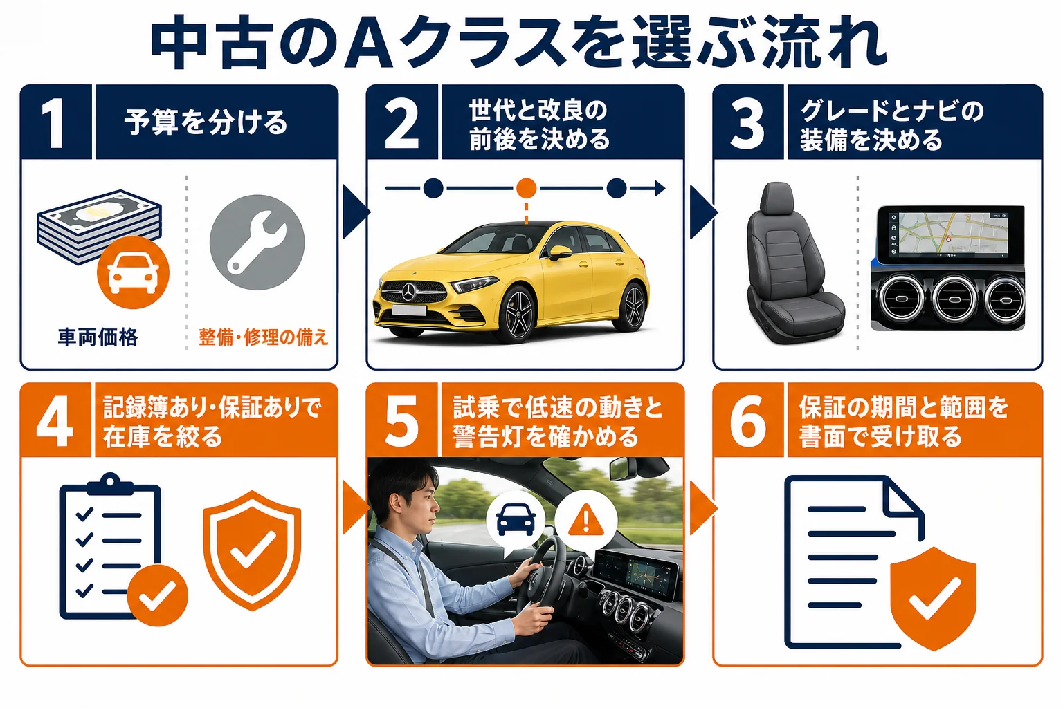 中古のAクラスを選ぶ流れの図解