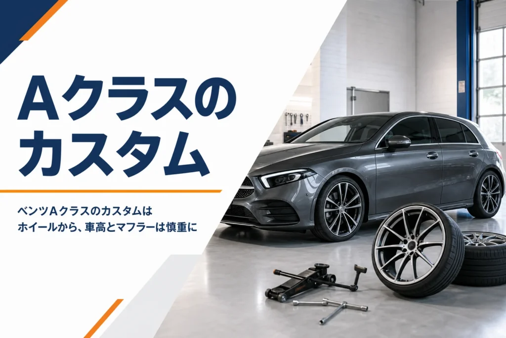 ガレージのハッチバックと交換用ホイールを写したカスタム記事のアイキャッチ