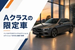 ショールームに置かれたコンパクトセダンを写した限定車記事のアイキャッチ