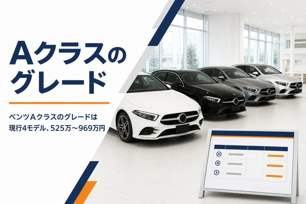 ショールームに並ぶ4台のコンパクトハッチバックを写したグレード記事のアイキャッチ