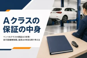 ベンツAクラスの保証書と整備工場の受付カウンター
