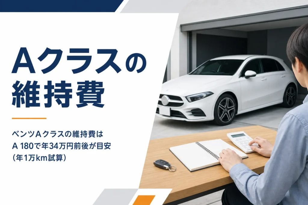 ガレージの車の前で電卓と家計簿を広げたテーブル