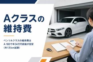 ガレージの車の前で電卓と家計簿を広げたテーブル