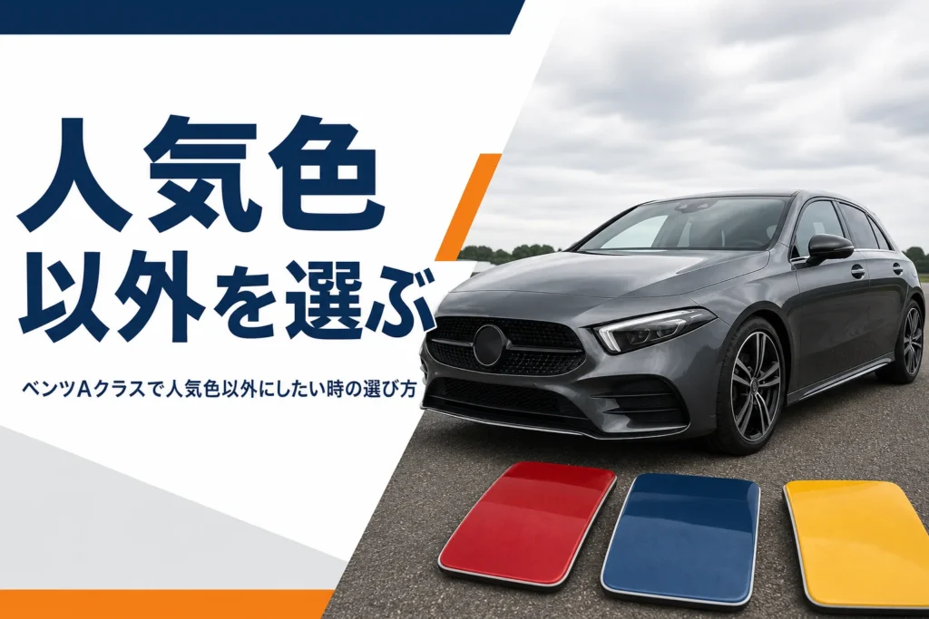 濃いグレーのハッチバックと色見本を写した個性色の記事のアイキャッチ