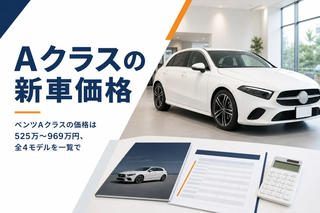 ショールームの白いハッチバックと価格表を写した新車価格記事のアイキャッチ