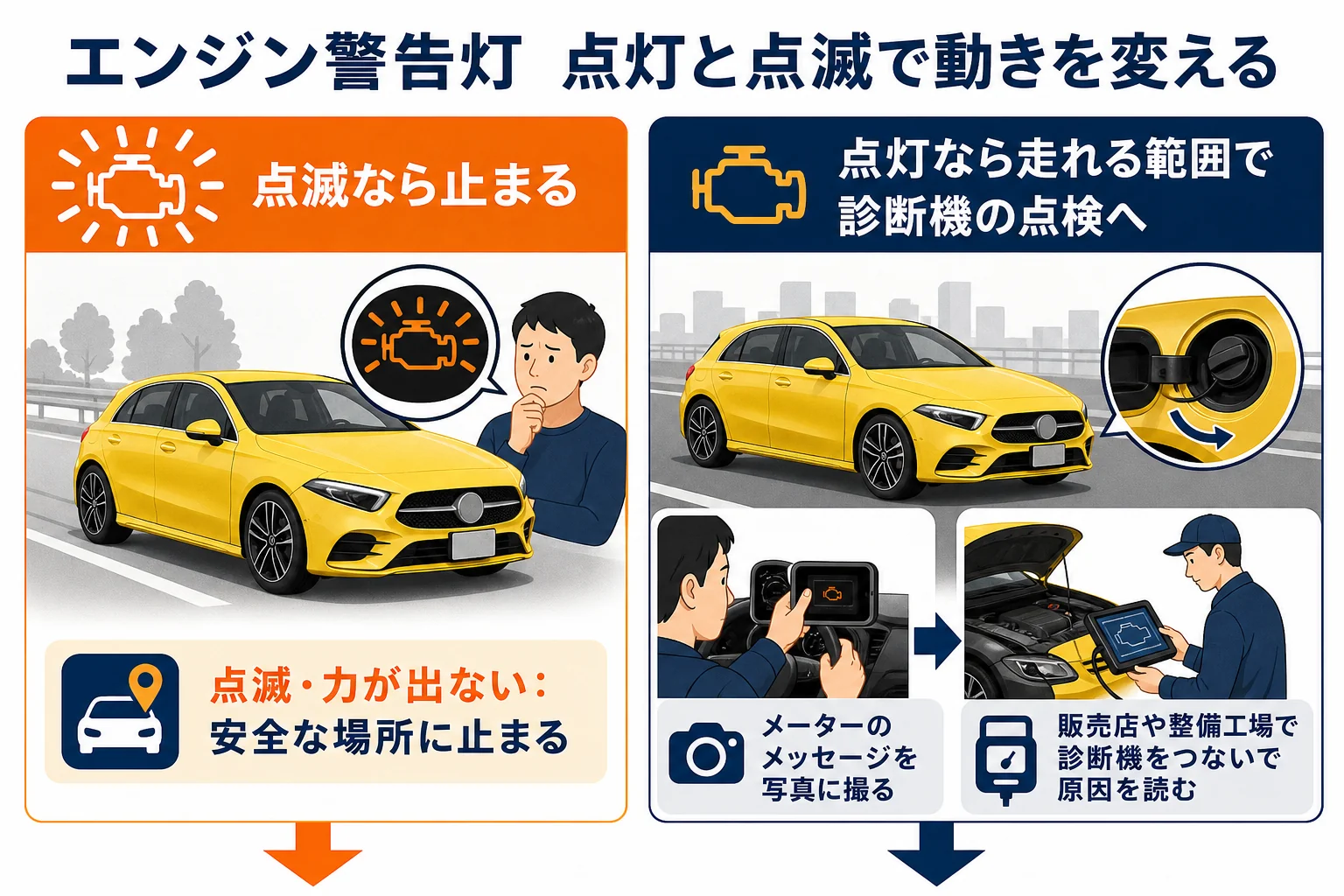 エンジン警告灯が点いた時に点灯か点滅かで動きを分ける流れの図解