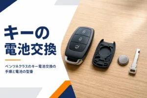 テーブルに並べたスマートキーと新しいボタン電池とエマージェンシーキー