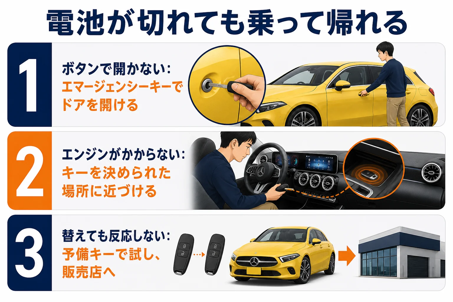 キーの電池が切れた時にドアを開けてエンジンをかけるまでの流れの図解