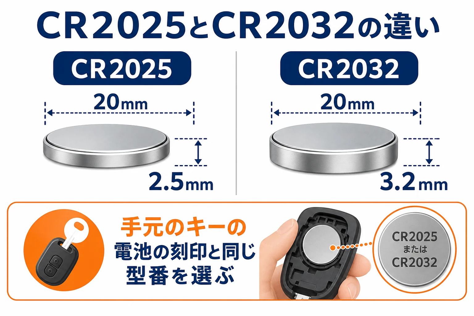 ボタン電池CR2025とCR2032の厚みの違いを比べた図解