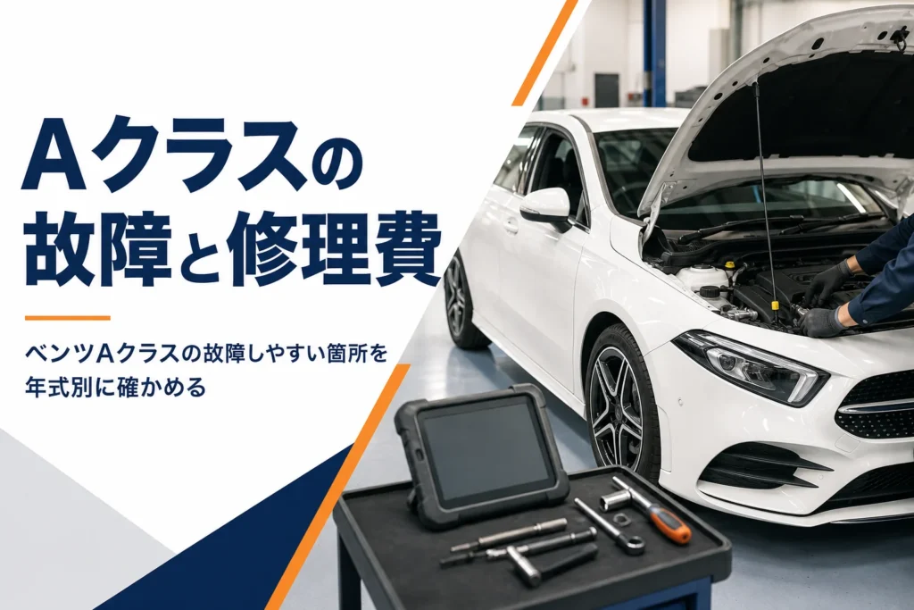 整備工場でボンネットを開けて点検中のハッチバックと診断機