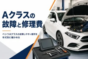 整備工場でボンネットを開けて点検中のハッチバックと診断機