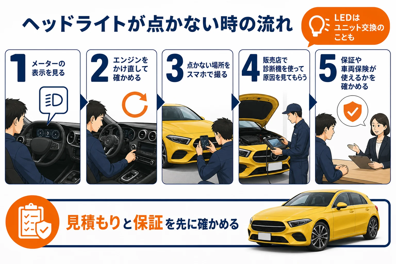 ヘッドライトが点かない時に販売店で見積もりを取るまでの流れの図解
