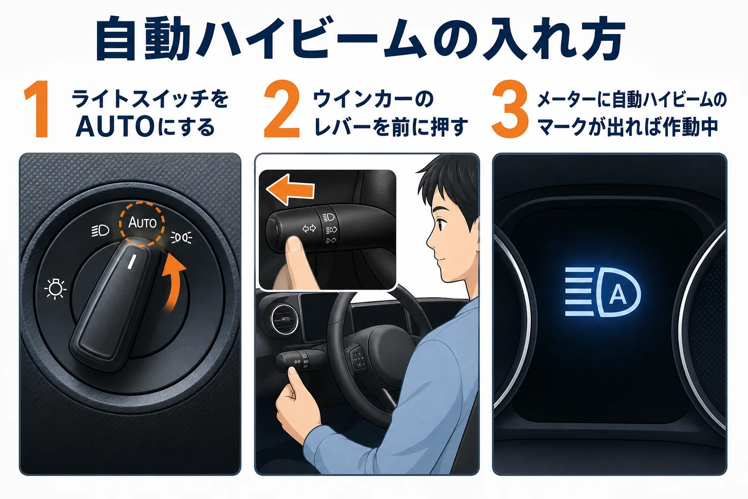 ライトスイッチのAUTOとウインカーレバーで自動ハイビームを使う操作の図解