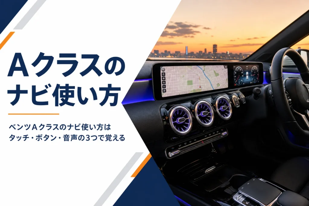 大きなナビ画面と間接照明のあるコンパクトカーの運転席まわりを写したアイキャッチ