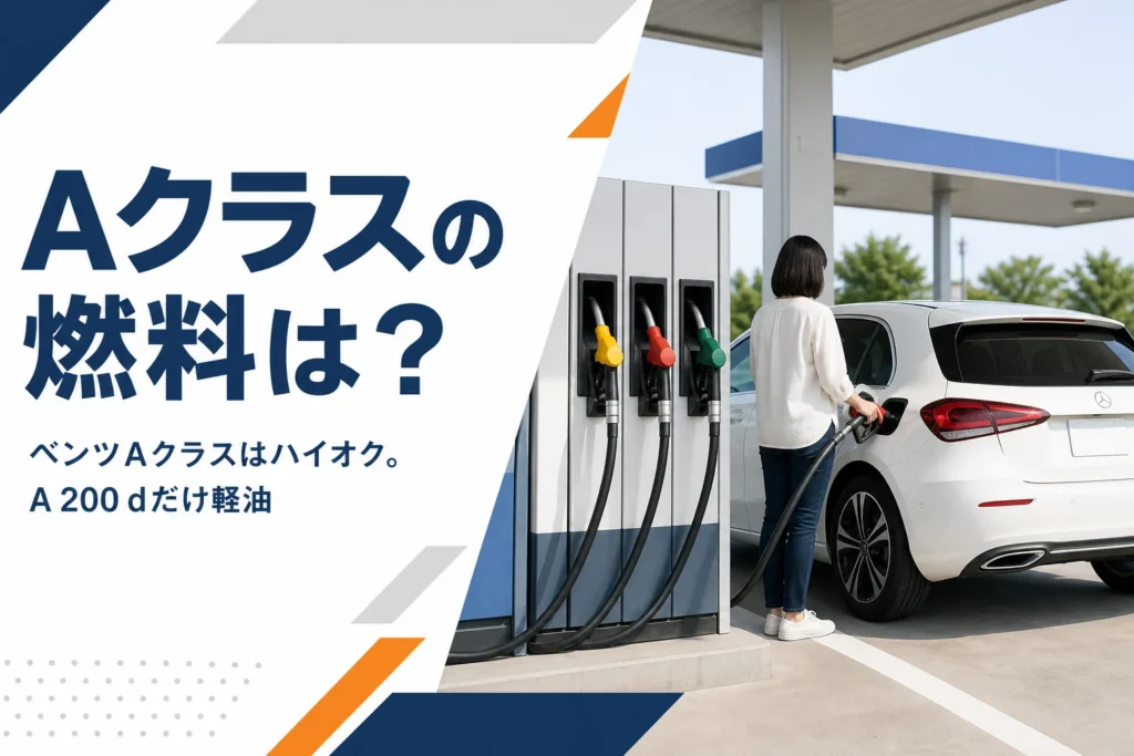 セルフ式ガソリンスタンドの給油機の横に停まったコンパクトなハッチバック
