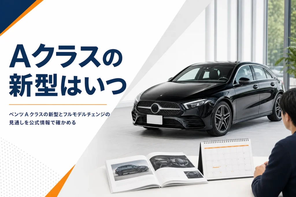 展示スペースのコンパクトなハッチバックとカタログ、カレンダー