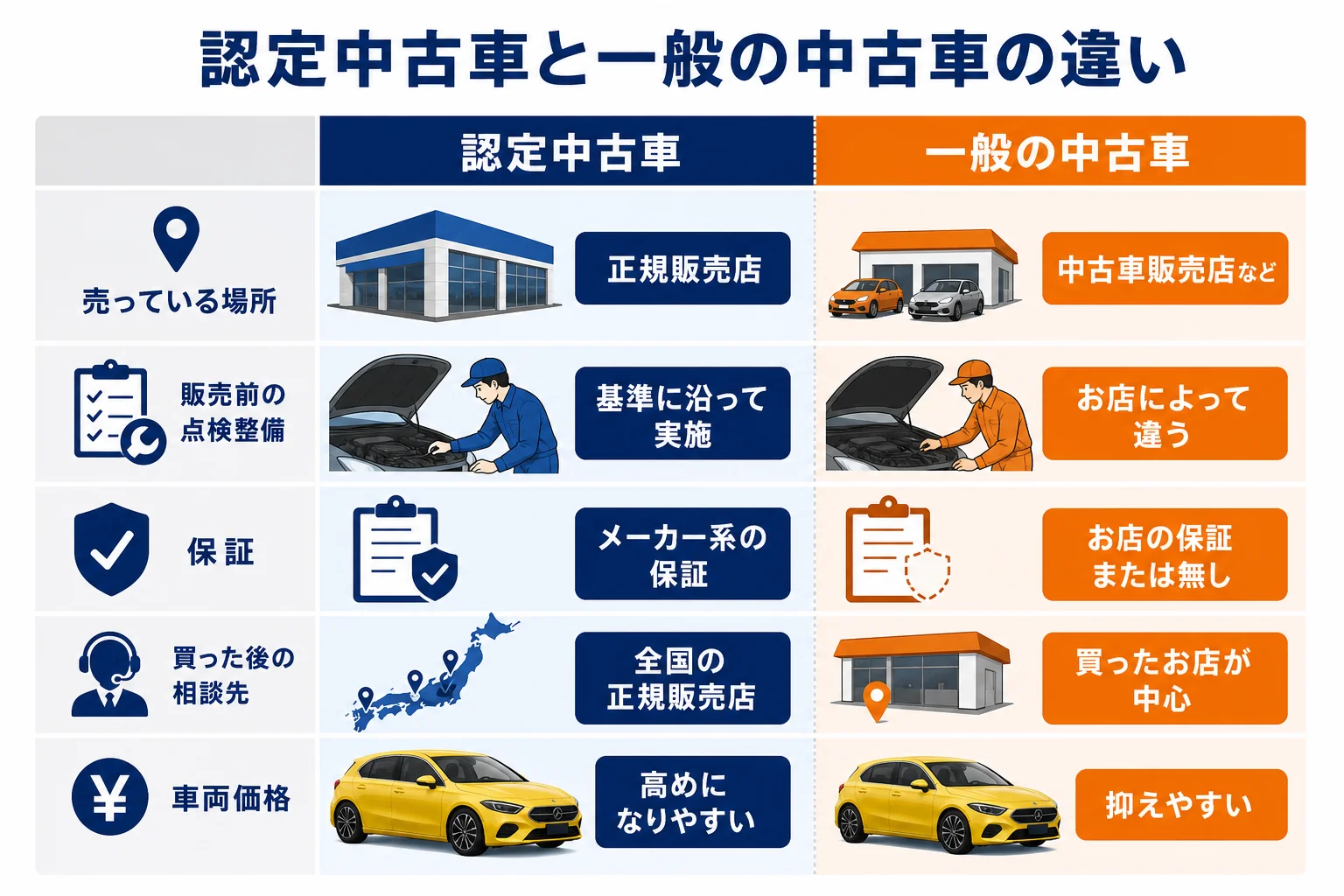 認定中古車と一般の中古車の違いを比べた図解