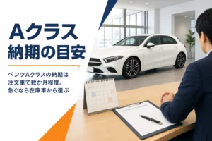 ベンツAクラスの納車を待つ販売店の納車スペースとカレンダー