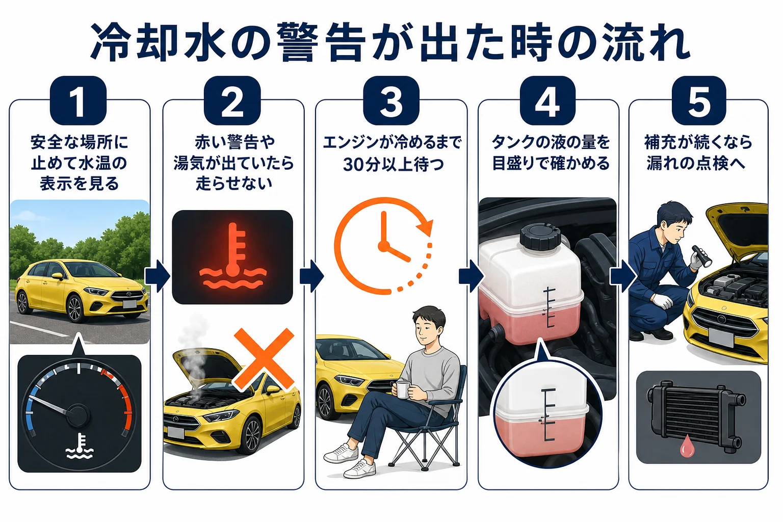 冷却水の警告が出た時の対処の流れの図解