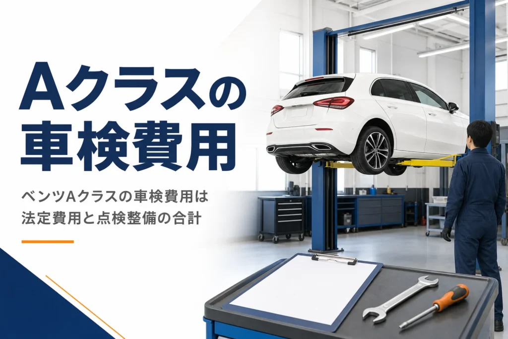整備工場のリフトに上がったハッチバックと見積書のクリップボード