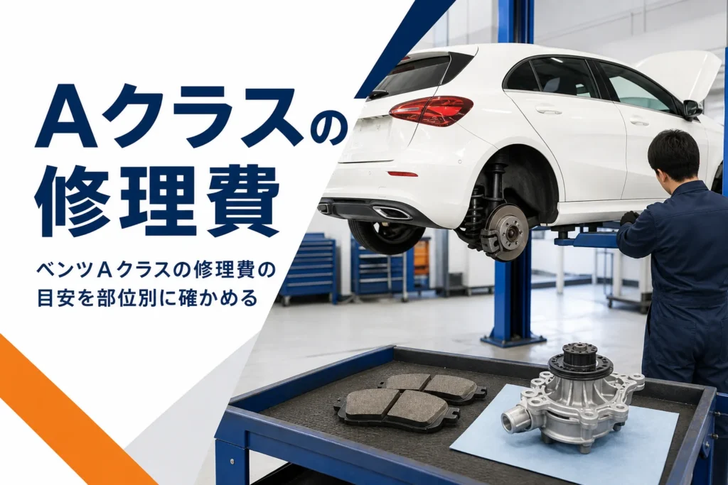 整備工場で点検中のハッチバックと、作業台に並んだブレーキパッドなどの部品