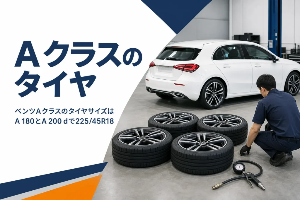 タイヤ店に並んだアルミホイール付きタイヤと白いハッチバック