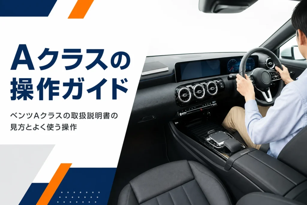 デジタルメーターと大きな画面がある運転席と、取扱説明書の冊子