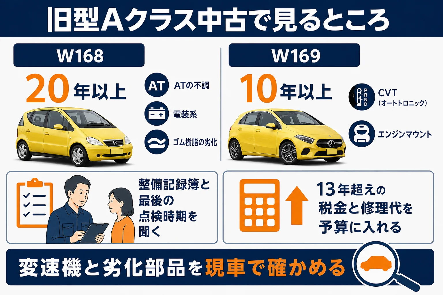 旧型Aクラス（W168・W169）を中古で見る時のチェックポイントの図解