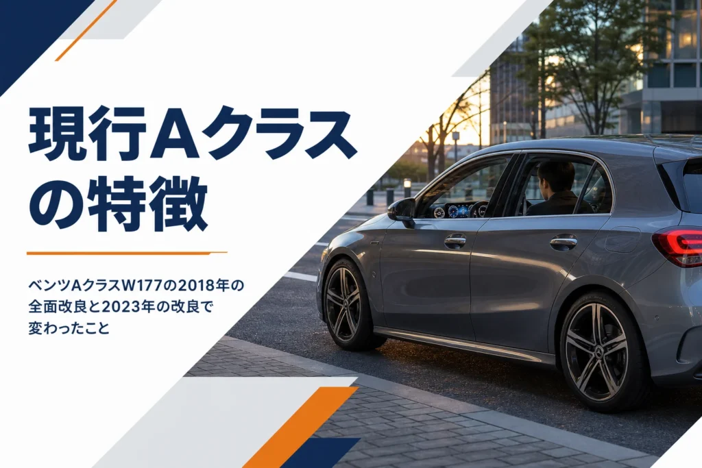 街に停まったコンパクトなハッチバックと横長ディスプレイのダッシュボード