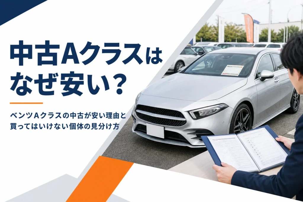 中古車展示場のコンパクトなハッチバックと値札と整備記録簿