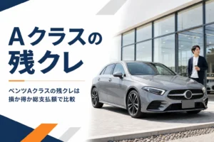 ショールーム前に停まるグレーのベンツAクラス