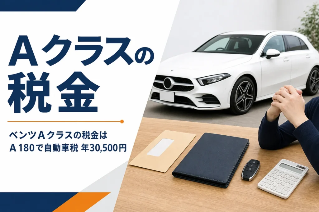 納税通知書の封筒と車検証、電卓を並べたテーブルと白いハッチバック